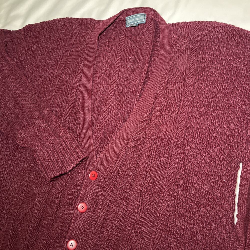 Vintage Kenneth Roberts Cardigan Sweater Mens Sz L Red Vneck Textured 3D Grandpa